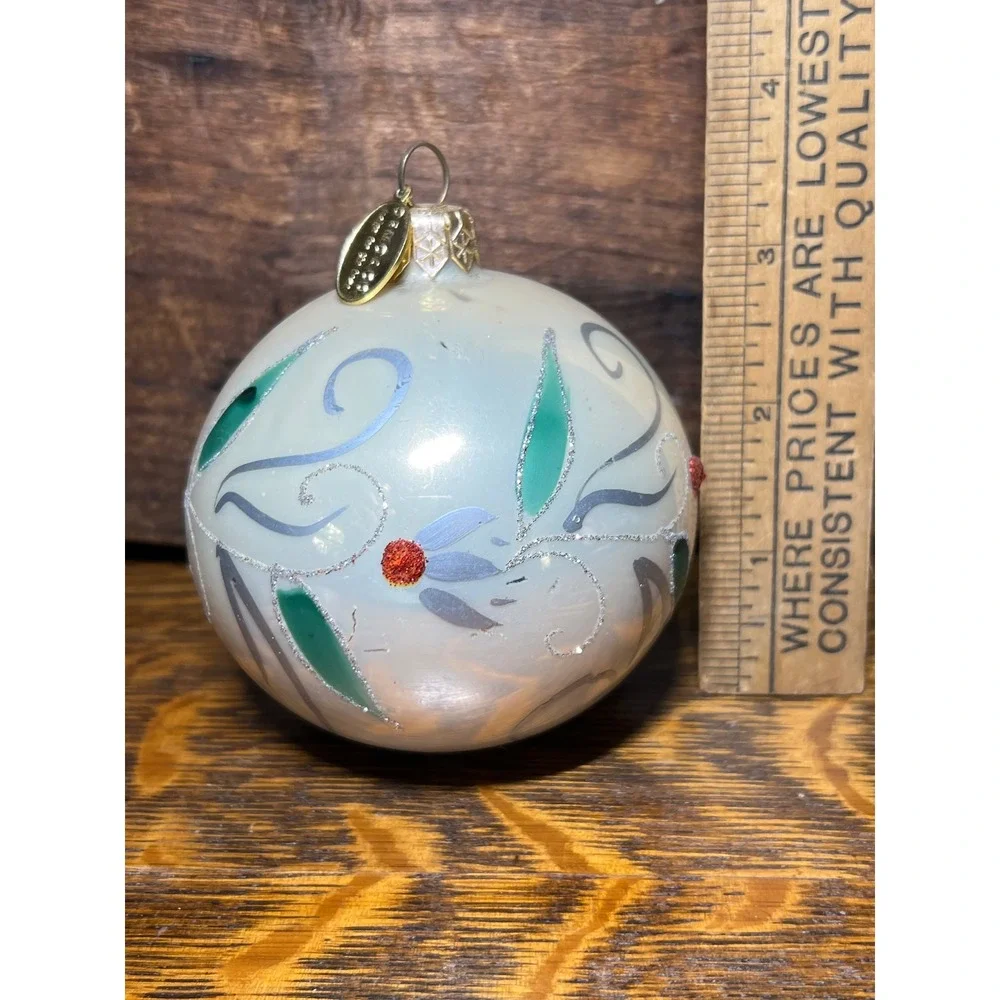 Demdaco Glass Ball Christmas Ornament Iridescent Floral Glitter Silver Green Red